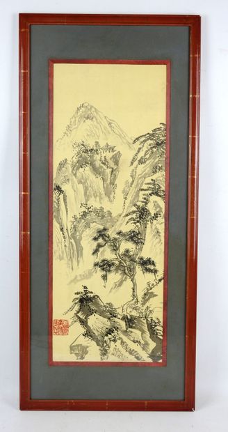 CHINA: Landscape. Ink on silk. Red stamp...