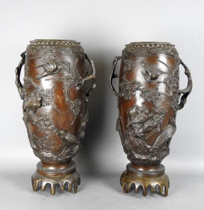 JAPON : Paire de vases en bronze à patine...
