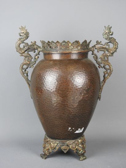 A hammered copper baluster vase with Japanese...
