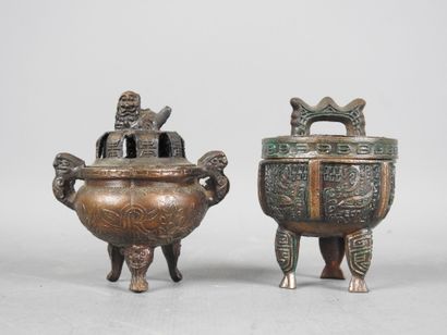 ASIA: Two small tripod burners in bronze...