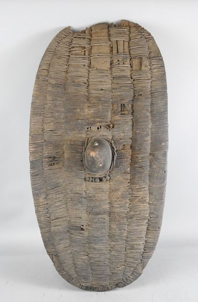 Wooden war shield covered with a fine fiber...