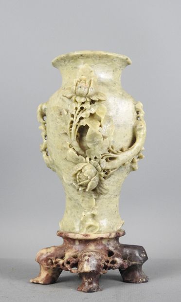 CHINA: carved lardstone vase and base. H....