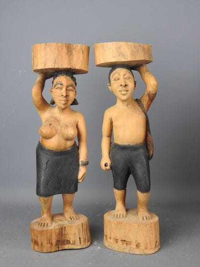 AFRICA: Pair of caryatid statues in wood...