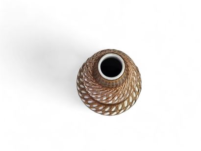 Porcelain and woven bamboo double gourd vase....