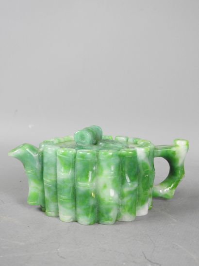 Green hardstone teapot with bamboo decoration....