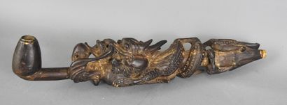 CHINA: Wooden opium pipe carved with a dragon...