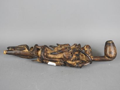 CHINA: Wooden opium pipe carved with a dragon...