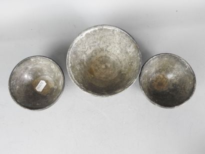 CHINA: Three carved coconut sake bowls, metal...