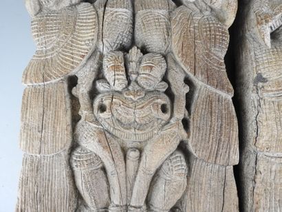 INDIA: Two wooden panels with lion and Yali...