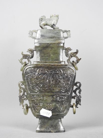 CHINA: Spinach-green jadeite stone vase,...