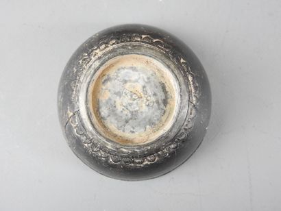 CHINA: Three carved coconut sake bowls, metal...