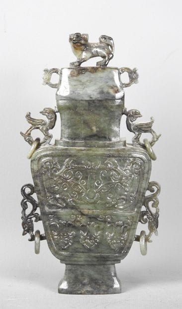 CHINA: Spinach-green jadeite stone vase,...