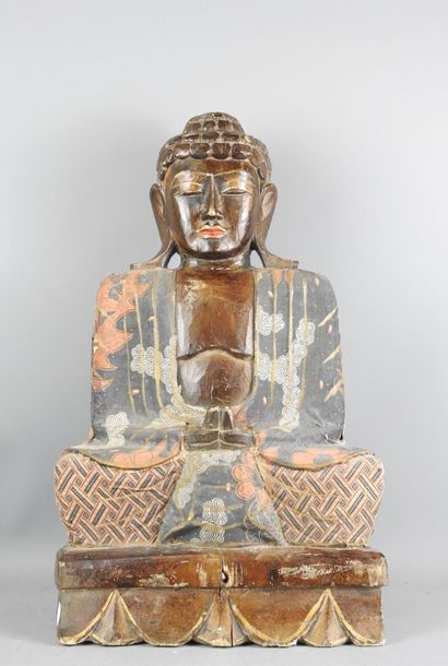 JAPON : Bouddha en bois et papier polychrome....