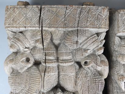 INDIA: Two wooden panels with lion and Yali...