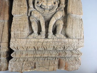 INDIA: Two wooden panels with lion and Yali...