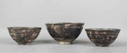 CHINA: Three carved coconut sake bowls, metal...