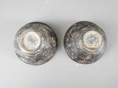 CHINA: Three carved coconut sake bowls, metal...