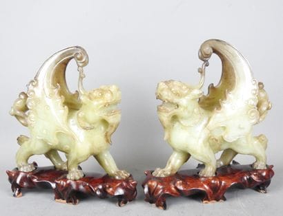 CHINA: Pair of jadeite stone chimeras on...