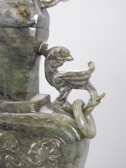 CHINA: Spinach-green jadeite stone vase,...