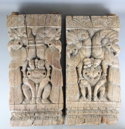 INDIA: Two wooden panels with lion and Yali...