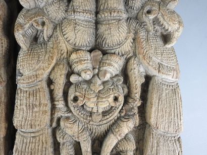 INDIA: Two wooden panels with lion and Yali...