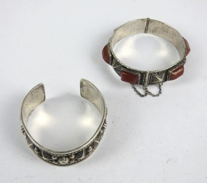 TWO silver BRACELETS, one with set orange-brown...