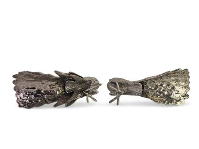 Pair of peacocks in silver-plated bronze....
