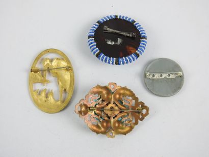 FOUR fancy antique PINS, one in gilded metal...