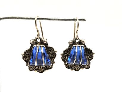 Pair of silver scalloped EAR PENDANTS centered...