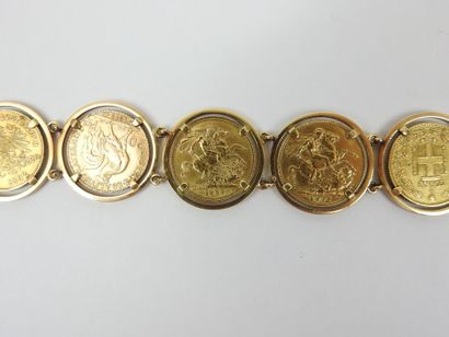 GOLD BRACELET adorned with 7 coins from various...