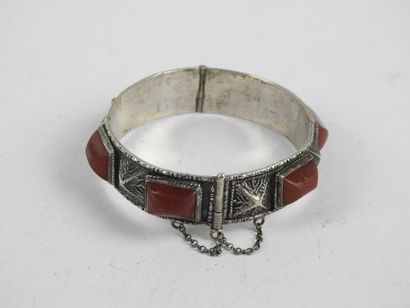 TWO silver BRACELETS, one with set orange-brown...
