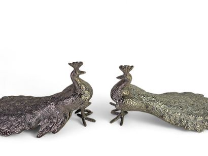 Pair of peacocks in silver-plated bronze....