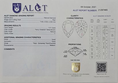 1.01 carat pear-cut Fancy diamond on paper.

With...