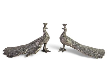 Pair of peacocks in silver-plated bronze....