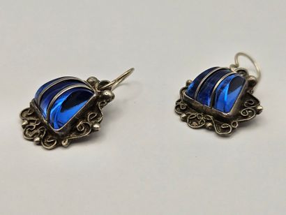 Pair of silver scalloped EAR PENDANTS centered...