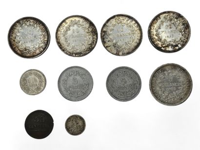 Lot of coins including: 
4 silver 10-franc...