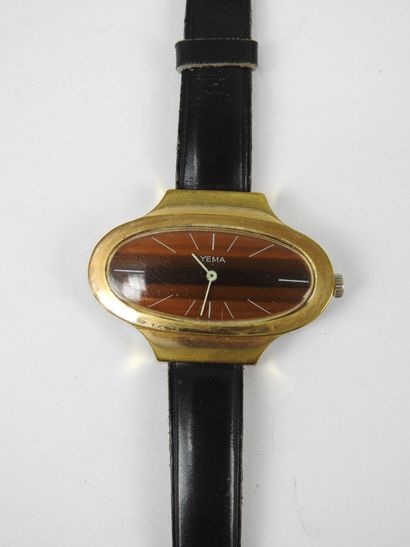 YEMA Watch in gilt metal, leather strap....