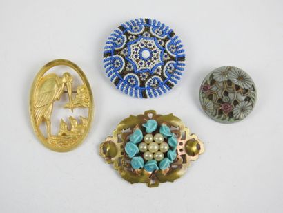 FOUR fancy antique PINS, one in gilded metal...
