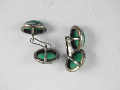 Pair of silver and green stone cabochon HANDLEBUTTONS....