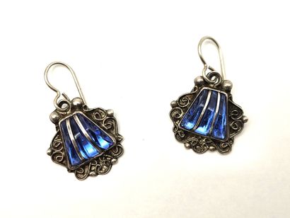 Pair of silver scalloped EAR PENDANTS centered...