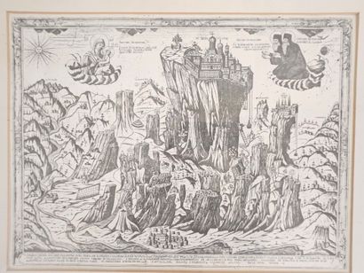 Lot comprising 2 black engravings featuring:...