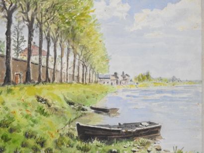 Hubert GAUDIN. Boats on a lake. Watercolor....