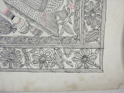 INDE. Divinités. Deux dessins à l'encre et...