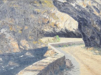 Ecole du XXème siècle : Vue du chemin. Huile...