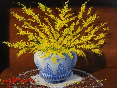 Gilbert SOULIE (XXth): Mimosas. Oil on panel....
