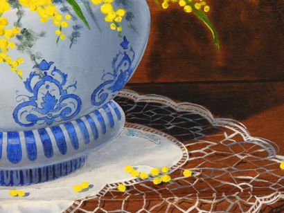 Gilbert SOULIE (XXth): Mimosas. Oil on panel....