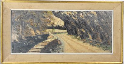 Ecole du XXème siècle : Vue du chemin. Huile...