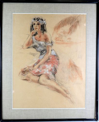 Ecole du XXème siècle : Tahitienne. Dessin...
