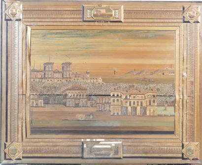 View of a castle. Straw marquetry pasted...