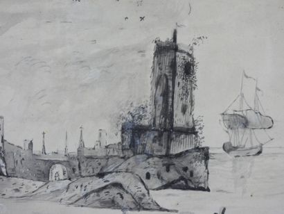 H. GOURNAY : Vue du port. Lavis d'encre....